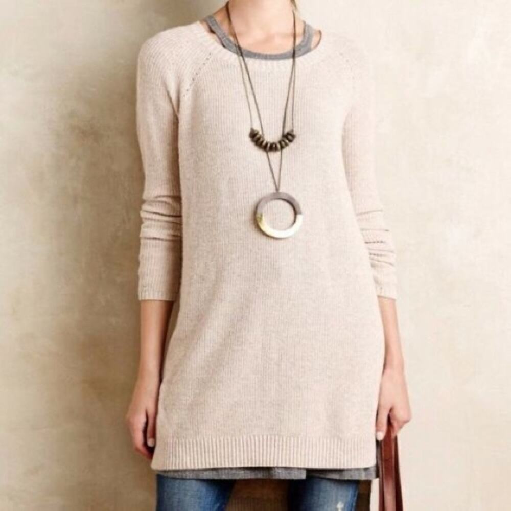 ANTHROPOLOGIE Moth Tunic Sweater Dress Top Oatmeal Size Medium Comfy Boho
